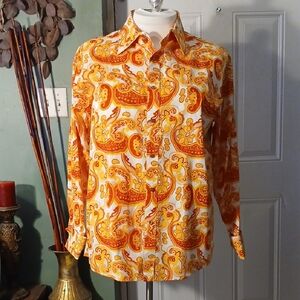 Vintage New Gen Men's Retro Paisley Button-Up Shirt in Orange and Yellow
